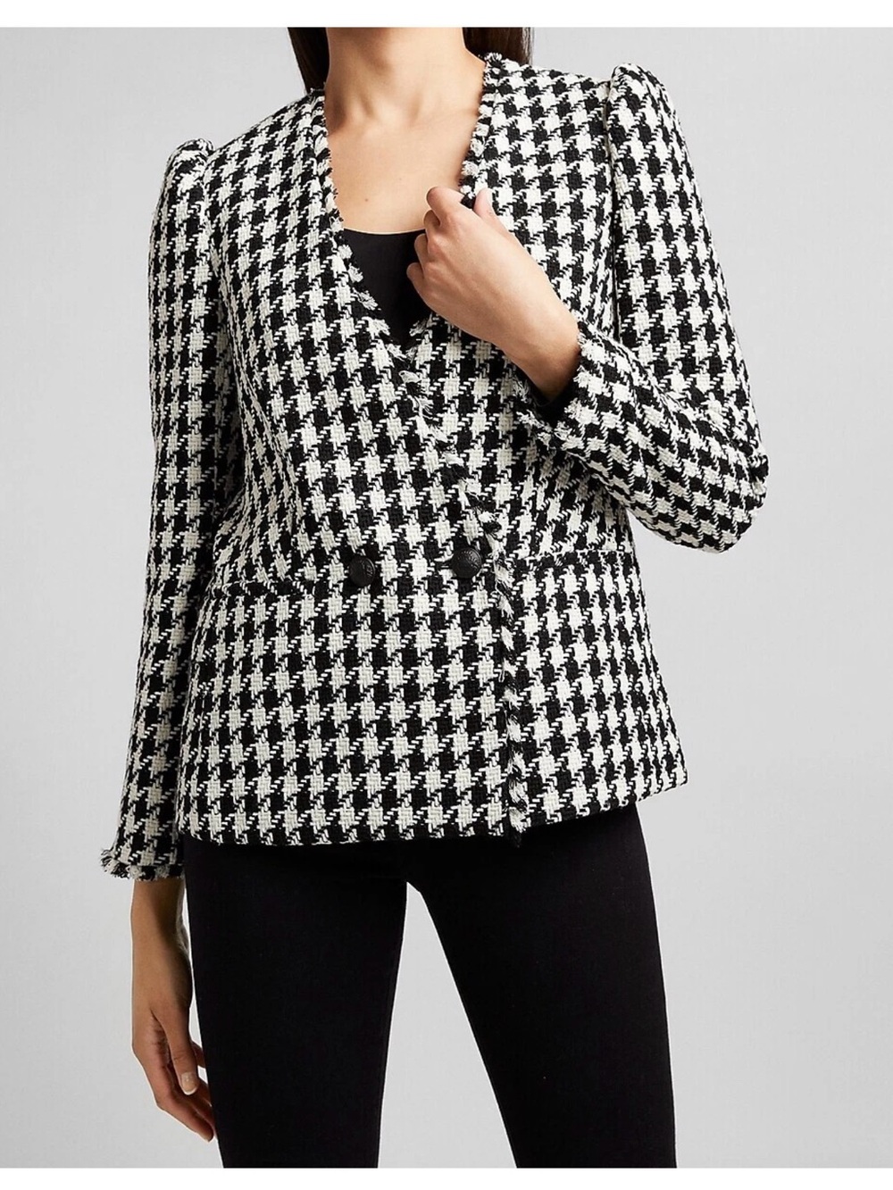 Express Houndstooth Double Breasted Tweed Blazer medium